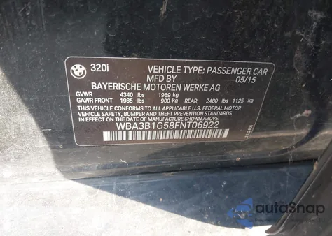 2015 BMW 320I из США, поврежденный, VIN WBA3B1G58FNT06922